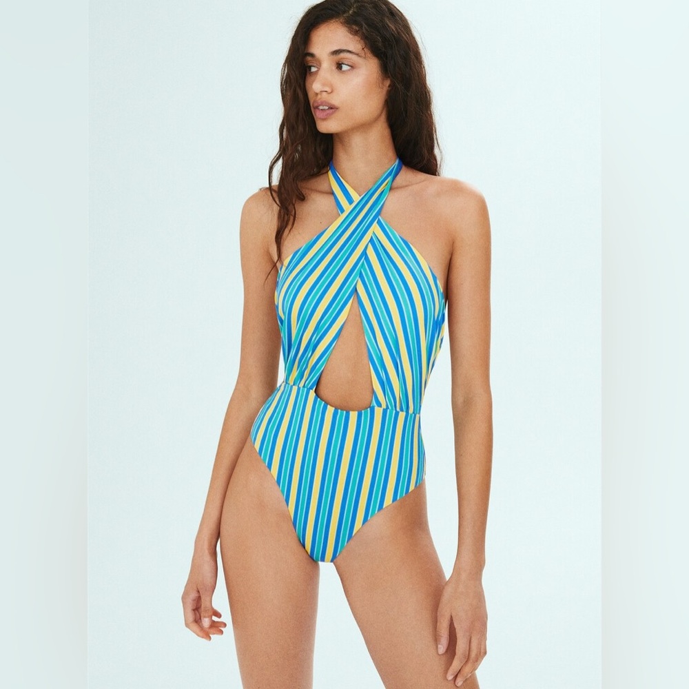 Mango x Simon Miller Multi-Colored Striped Wrap One Piece Swimsuit Size M - Picture 2 of 13